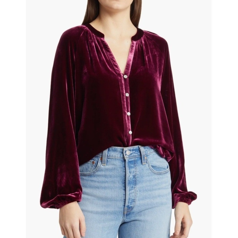 Faherty Naomi Velvet Long Sleeve Blouse Women's M Button Front Top Red Maroon